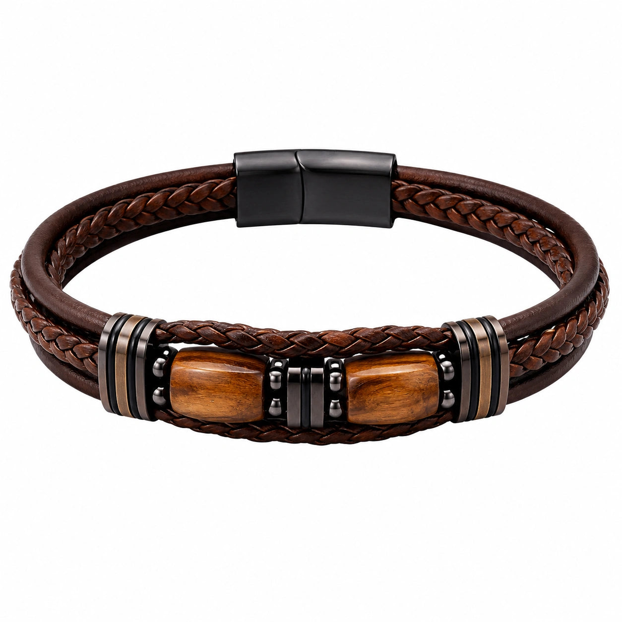 Bracciale intrecciato multistrato con inserti in legno e chiusura magnetica, marrone