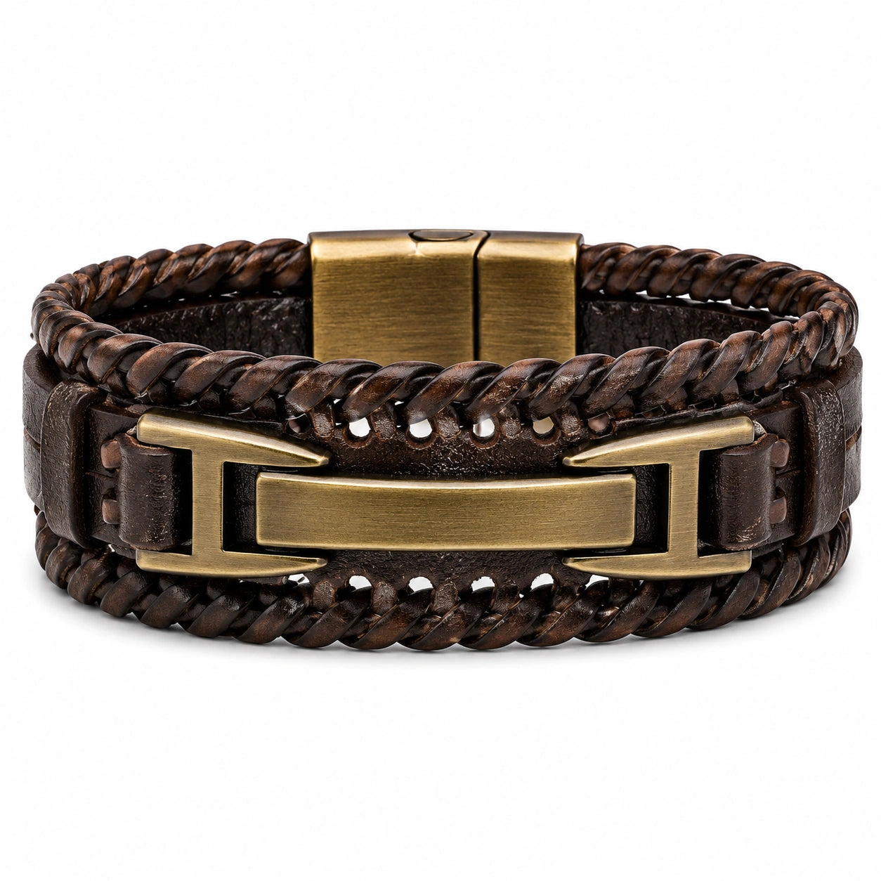 Bracciale Intrecciato in Pelle Marrone con Dettagli Metallici
