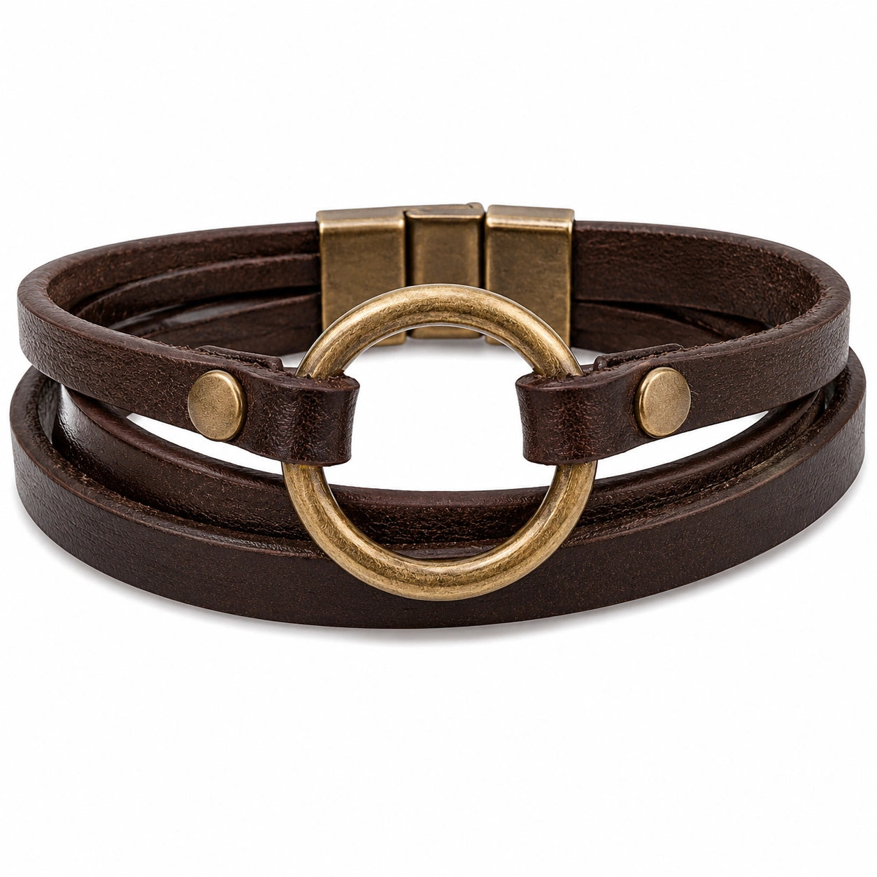 Bracciale a doppio giro marrone con anello in metallo