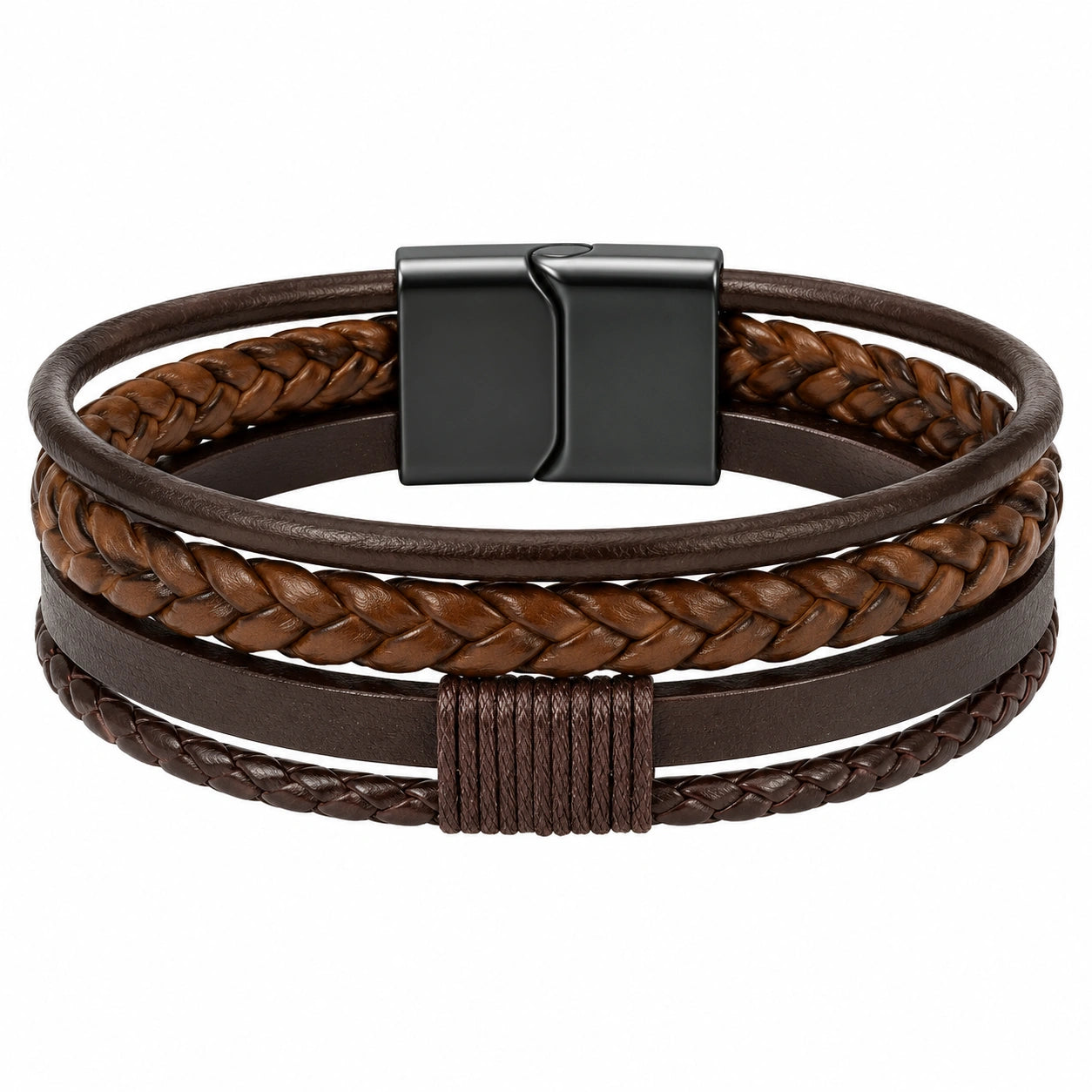Bracciale Multistrato Intrecciato Marrone con Chiusura Magnetica