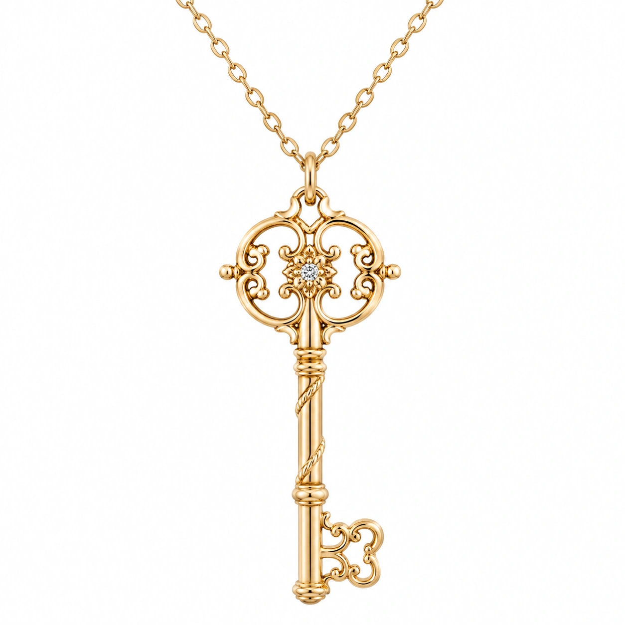 Collana con Ciondolo Chiave in Oro con Dettaglio Diamante